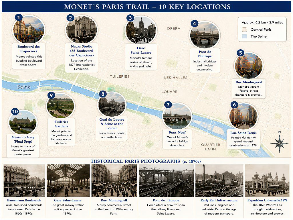 Map of Monet's Paris Trail showing ten key locations including Boulevard des Capucines, Gare Saint-Lazare, Rue Montorgueil and the Seine